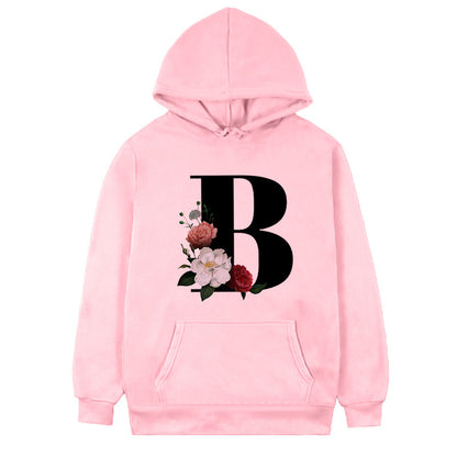 Women's Fleece Hoodie with 26-Letter Flower Print