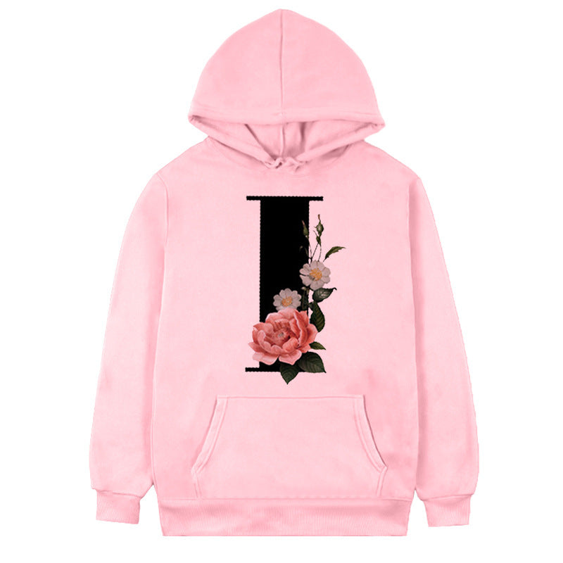 Women's Fleece Hoodie with 26-Letter Flower Print