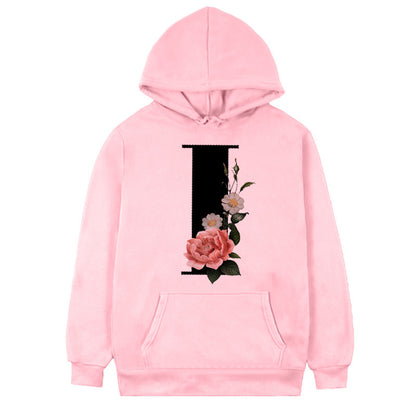 Women's Fleece Hoodie with 26-Letter Flower Print