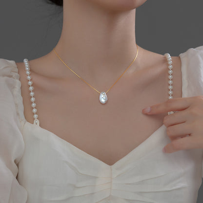 Irregular Flat Pearl Necklace in S925 Silver for Women