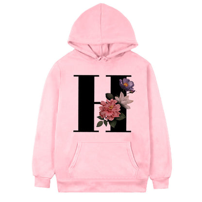 Women's Fleece Hoodie with 26-Letter Flower Print
