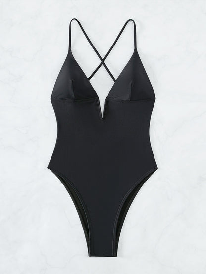 2023 Solid Color Deep V Cutout High-Waist Bikini