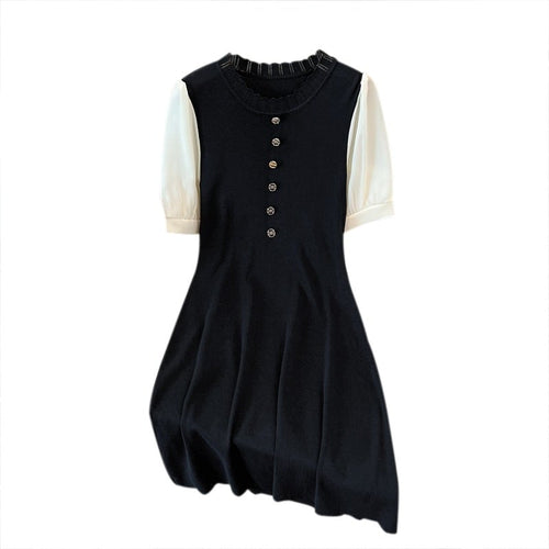 Spliced Knitted Short Sleeve Dress with Wooden Collar