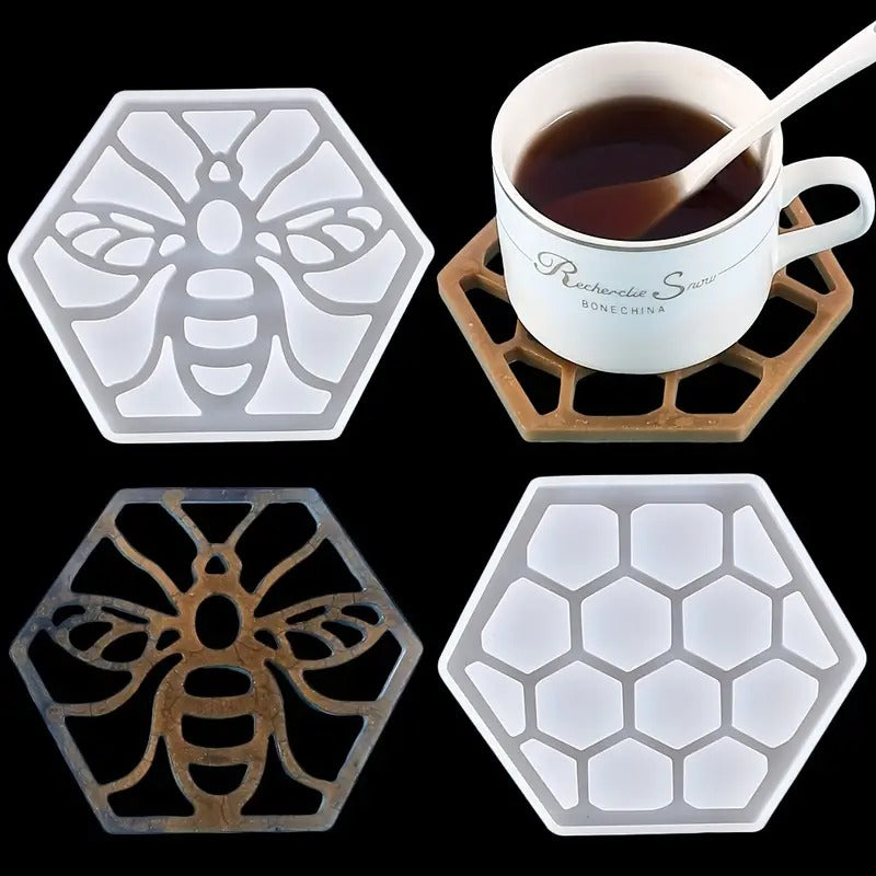 2pcs Bee Honeycomb Crystal Epoxy Coaster Mold Set