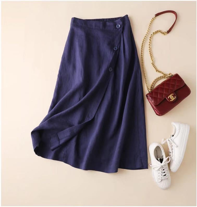 Women's Casual Cotton Linen Elastic Waist Skirt
