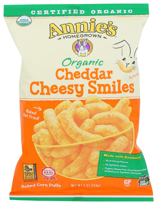 ANNIES HOMEGROWN: Organic Cheddar Cheesy Smile Puffs, 4 oz
