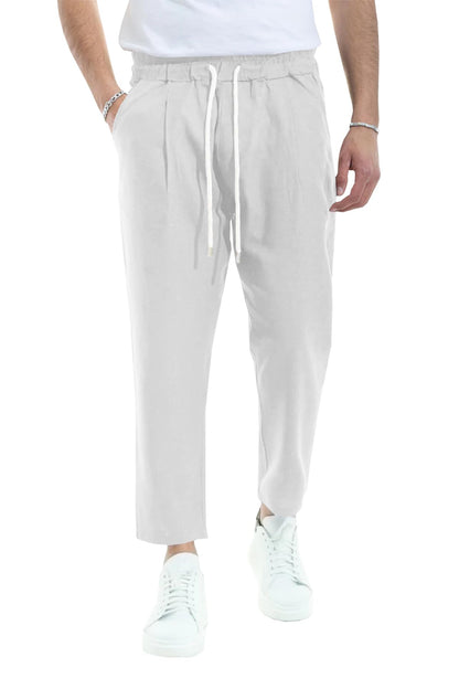 PASLTER Mens Linen Cotton Pants Casual Drawstring Elastic Waist Summer Beach Yoga Trousers White