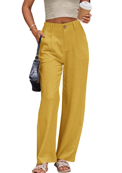 Fakanhui Womens Linen Dressy Work Casual Pants Summer Business Straight Wide Leg Cotton Linen Trouser Pants Yellow