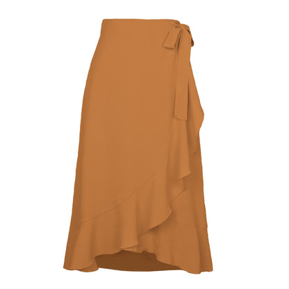 One-Piece Lace-Up Irregular Solid Color Skirt