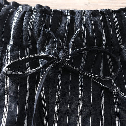 Striped Linen Casual Trousers with Elastic Waist Tie