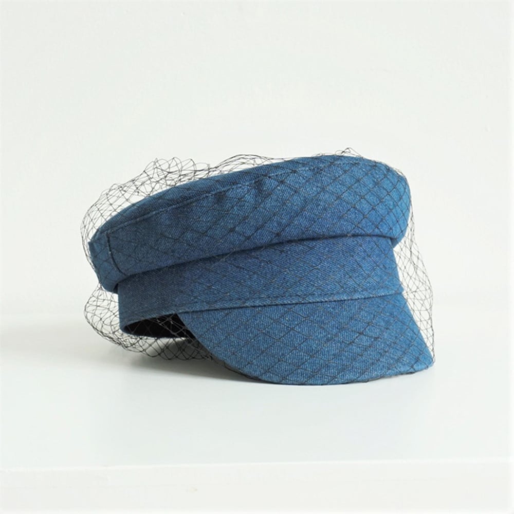 Women's Navy Denim Mesh Flat Top Hat
