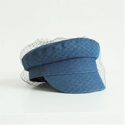 Women's Navy Denim Mesh Flat Top Hat