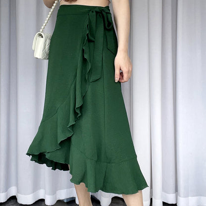 One-Piece Lace-Up Irregular Solid Color Skirt