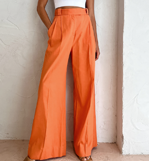 Orange Linen Wide-Leg Pants for Women (One Piece)