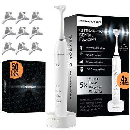 DENSONIC Electric Flosser Kit with Tongue Scraper | No Water No Mess | Easy Gliding Dental Floss for Gentle Gum Care | Cordless Sonic Power | 50 Replaceable Heads [Glacier White]