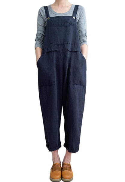 Flygo Womens Loose Baggy Wide Leg Cotton Linen Overalls Jumpsuit Harem Pants (Large Navy)