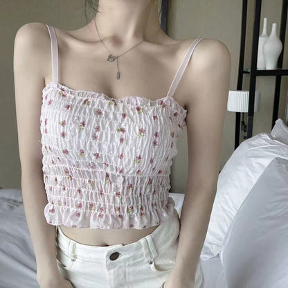 French Floral Camisole Top with Built-in Pads for Summer