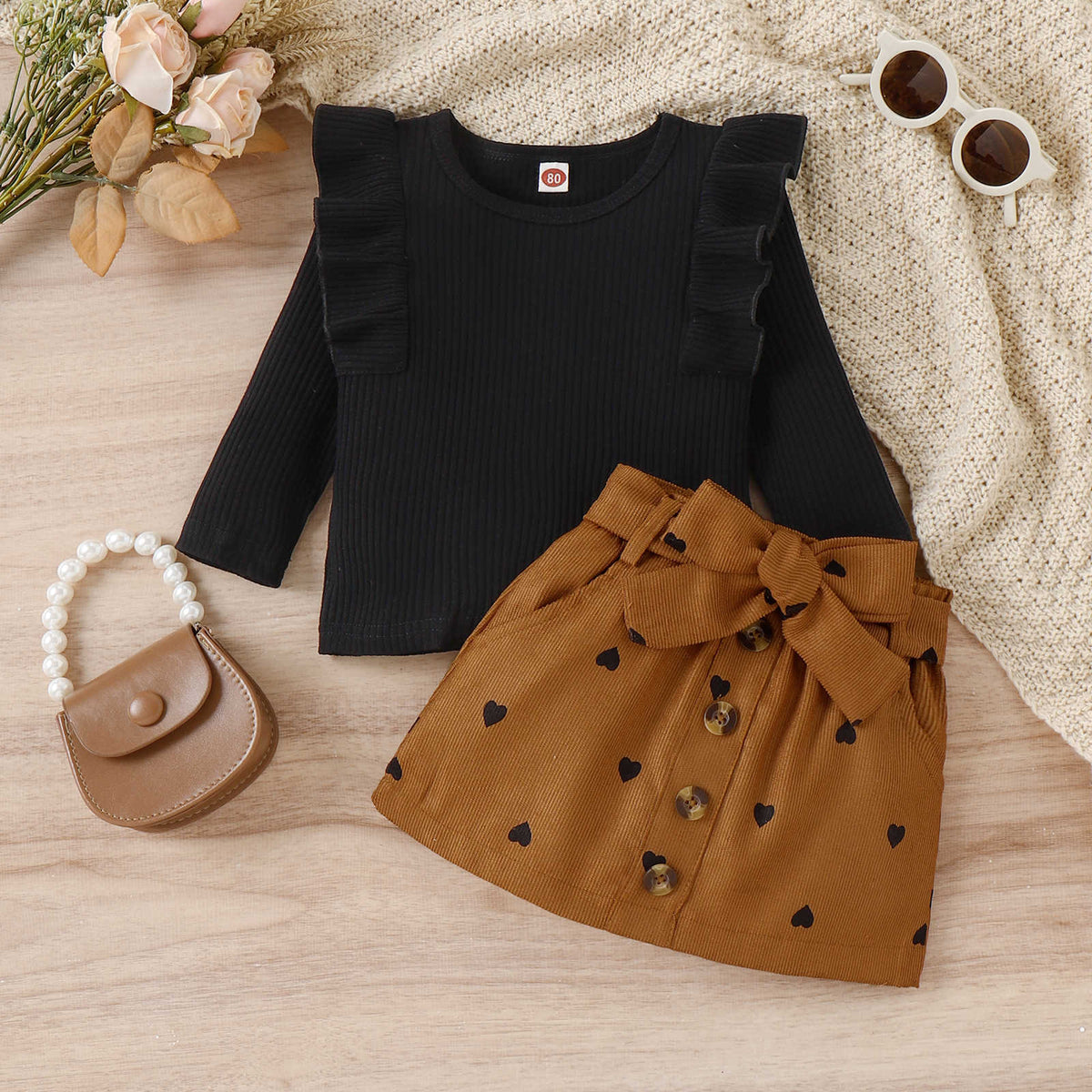 Girls' Cotton Top & Corduroy Skirt Valentine's Set