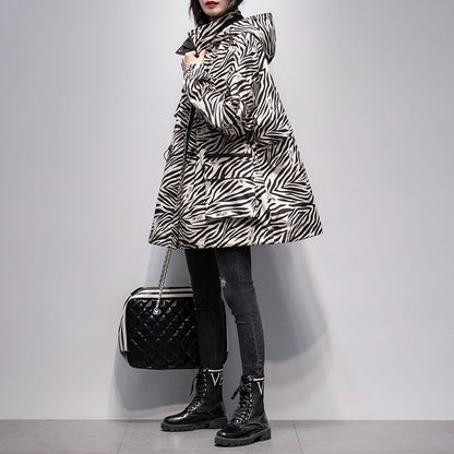 Women's Hooded Zebra-print Mid-length Trench Coat