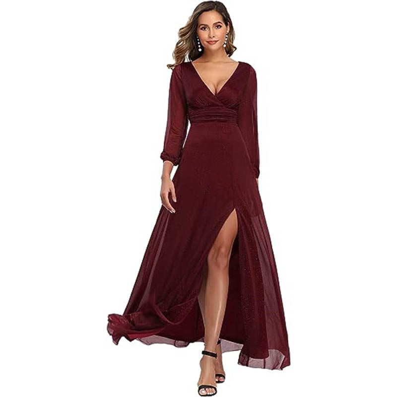 V-neck Long Sleeve Solid Color Dress with Slit Hem