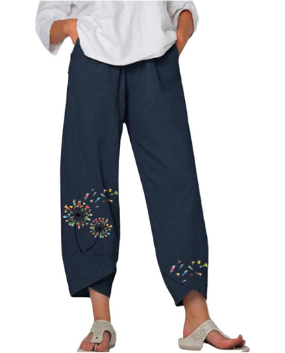 BIVENANT Capri Pants for Women Casual Cotton Linen Wide Leg Cropped Trousers Lounge Palazzo Elastic Waist Loose Lightweight Retro Printed Pant with Pockets