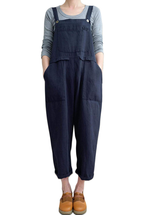 Flygo Womens Loose Baggy Wide Leg Cotton Linen Overalls Jumpsuit Harem Pants (Large Navy)