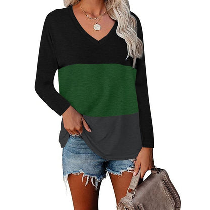 V-neck Long Sleeve Patchwork T-shirt