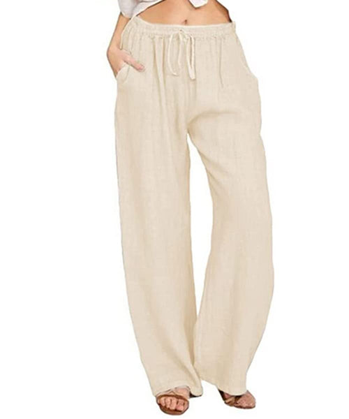 utcoco Womens Cotton Linen Drawstring High Waisted Pants Casual Loose Fit Wide Leg Trousers (L Khaki)
