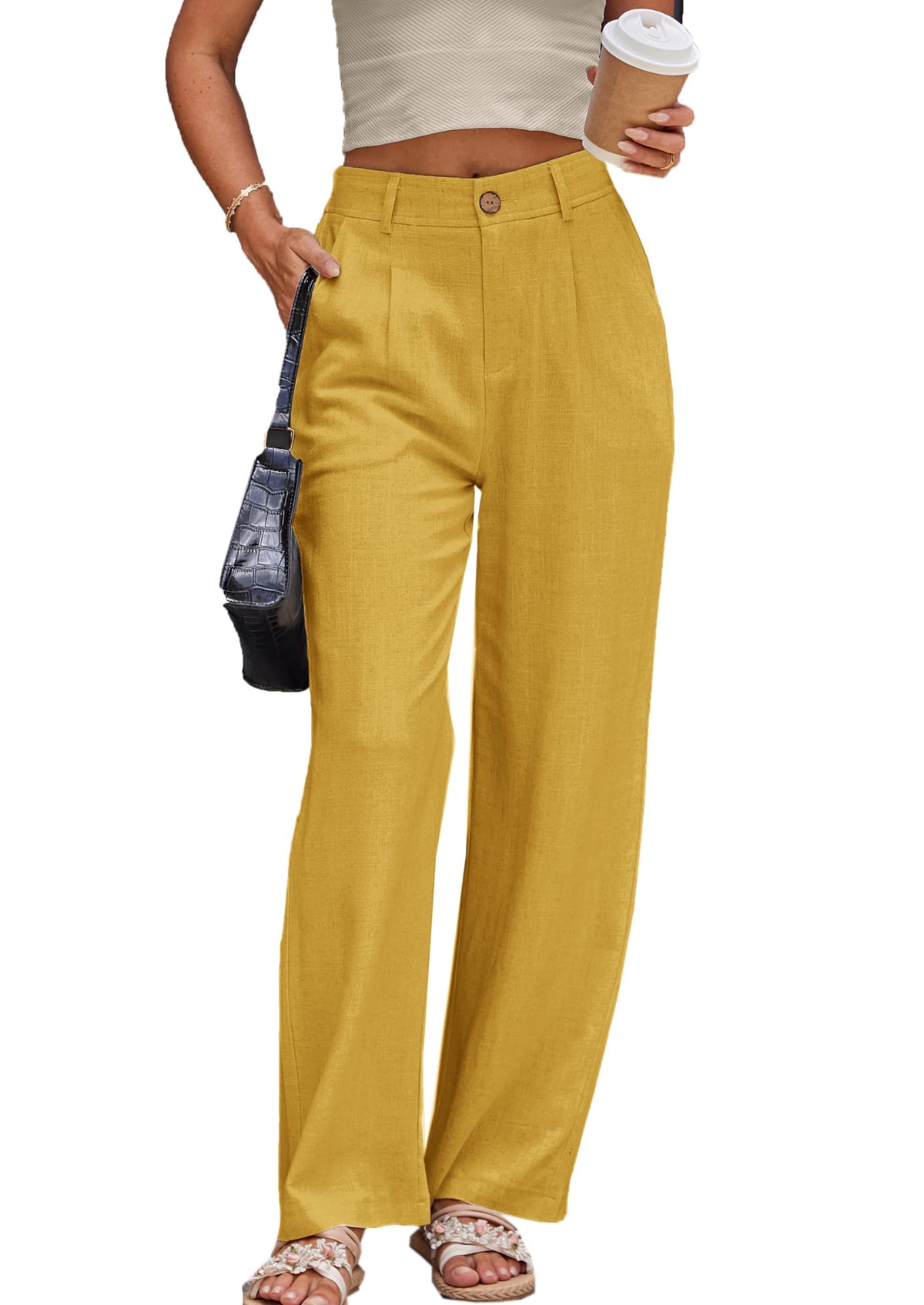 Fakanhui Womens Linen Dressy Work Casual Pants Summer Business Straight Wide Leg Cotton Linen Trouser Pants Yellow