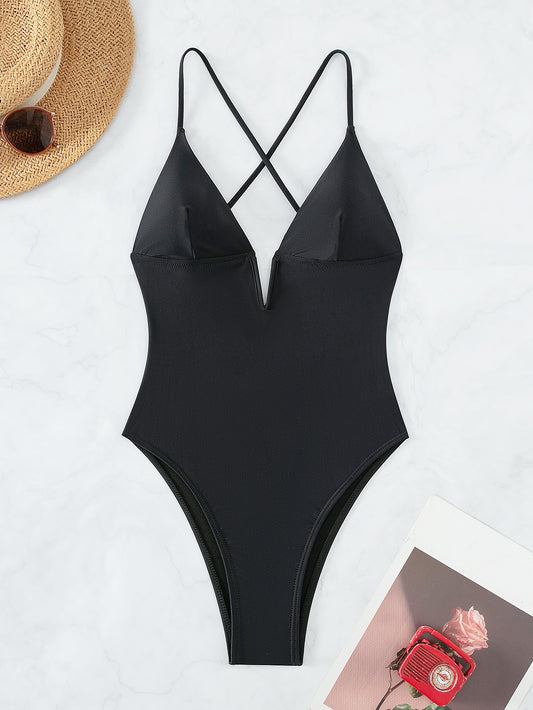 2023 Solid Color Deep V Cutout High-Waist Bikini