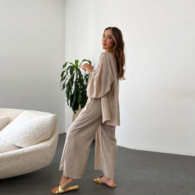 2023 Cotton Linen Cardigan & Wide Leg Pants Set