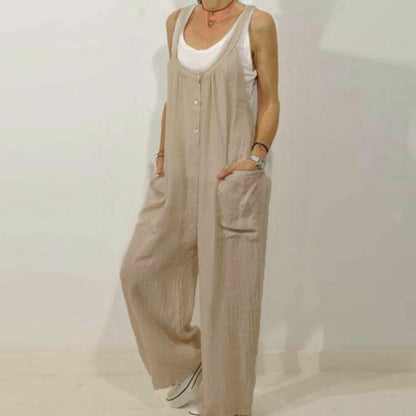 Casual Women's Sleeveless Cotton Linen Wide Leg Jumpsuit