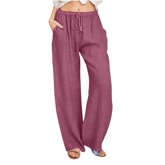 ABOUTYES Daily Deals Linen Pants Women Summer 2024 Casual Drawstring Elastic Waist Cotton Long Wide Leg Pant Lounge Trousers with Pockets