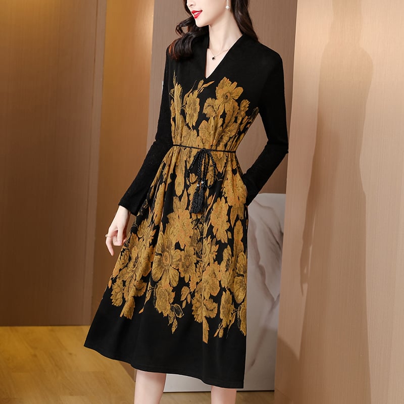Noble Lady Long-Sleeved Mink Velvet Dress