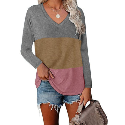 V-neck Long Sleeve Patchwork T-shirt
