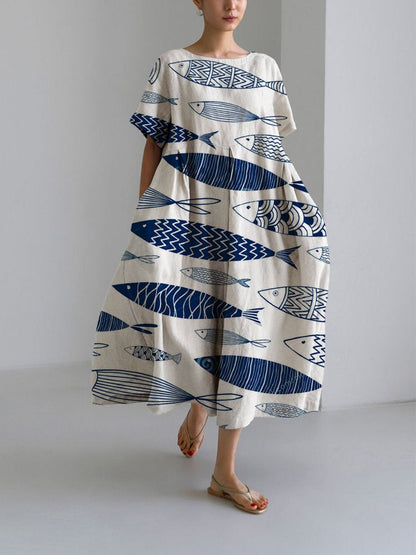 Chrysanthemum Print Women's Casual Short Sleeve Dress