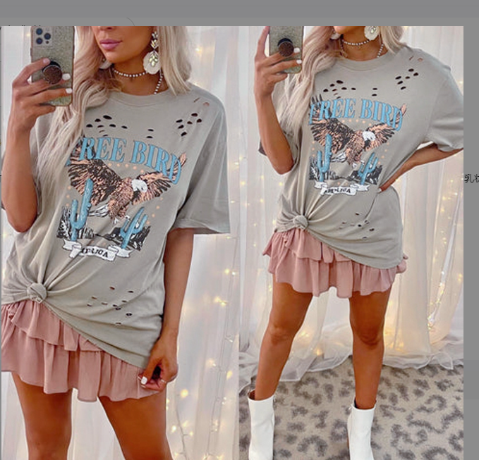 Casual Printed Round Neck Short Sleeve Ladies T-Shirt
