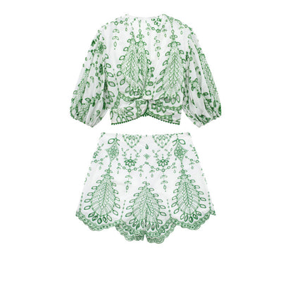 Embroidered V-Neck Crop Top and High-Waist Shorts