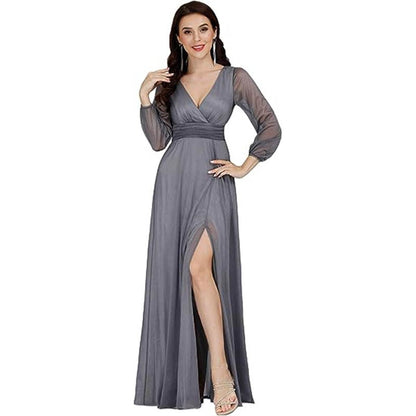 V-neck Long Sleeve Solid Color Dress with Slit Hem