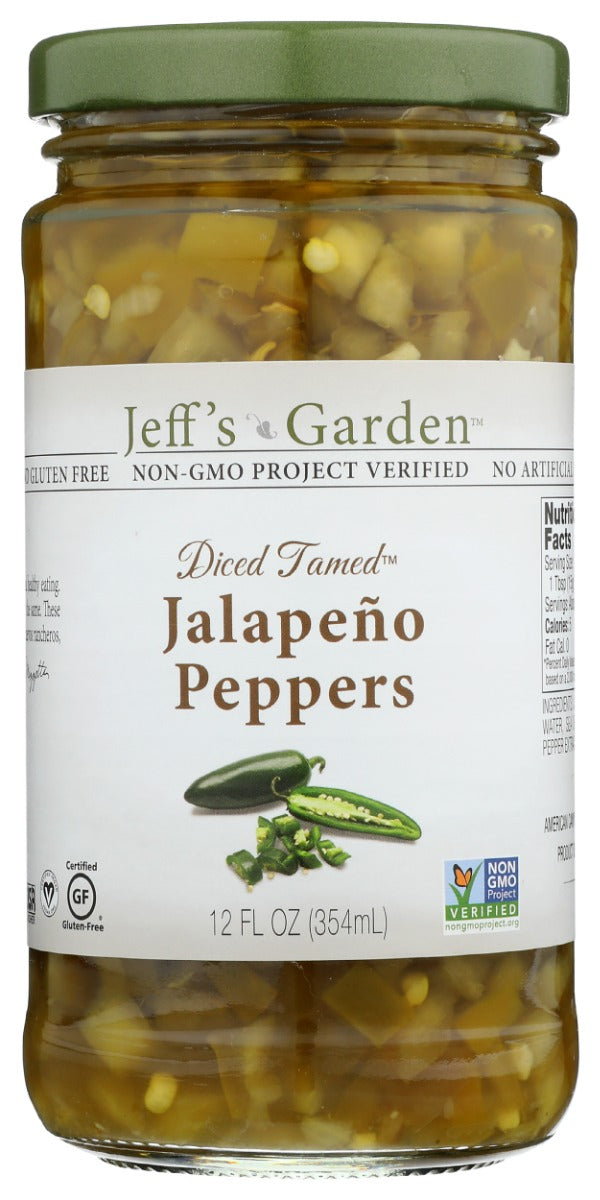 JEFFS GARDEN: Diced Tamed Jalapeño Peppers, 12 oz