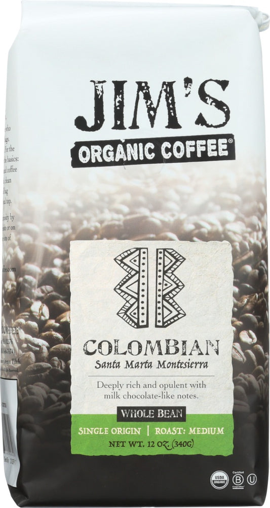 JIMS ORGANIC COFFEE: Colombian Santa Marta Montesierra Whole Bean Coffee, 12 oz