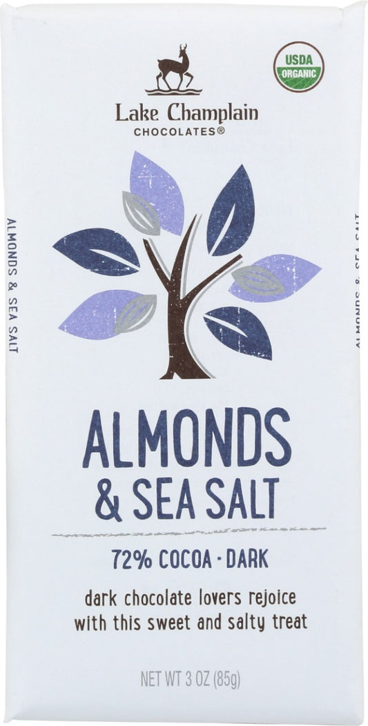 LAKE CHAMPLAIN CHOC: 72% Dark Chocolate Bar with Almonds and Sea Salt, 3 oz