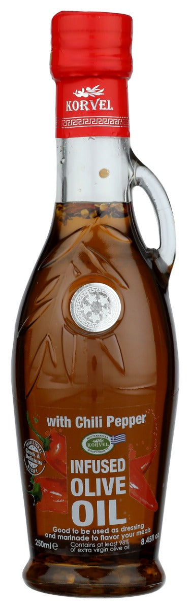 KORVEL MEDITERRANEAN QUALITY PRODUCTS: Greek Extra Virgin Olive Oil with Chili Pepper, 8.45 fo