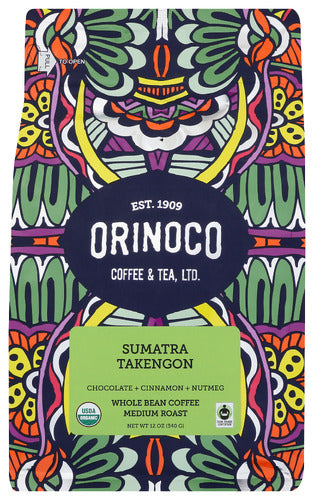 ORINOCO COFFEE TEA: Organic Sumatra Takengon Whole Bean Coffee, 12 oz