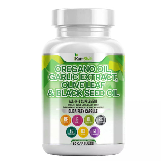 Kun Shafi Oregano Oil, Garlic Extract, Olive Leaf & Black Seed Oil– V D3 & Zinic