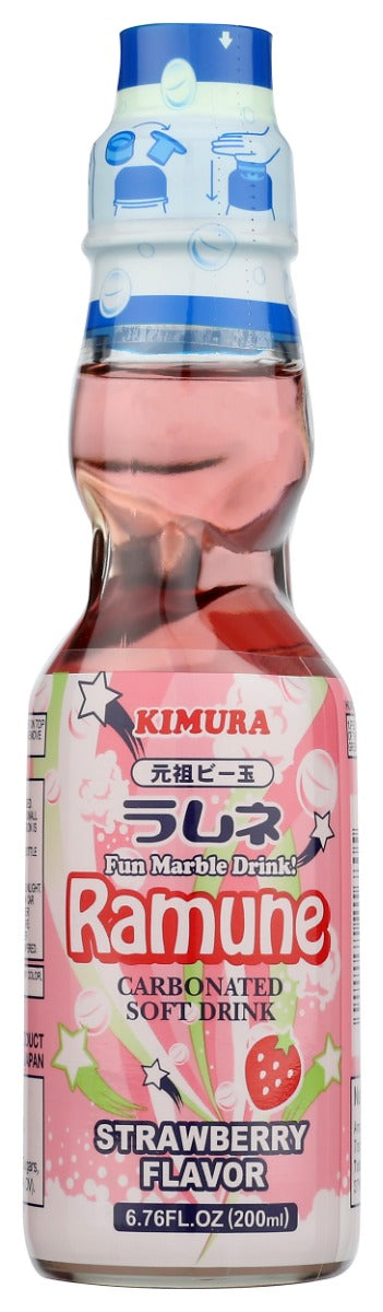 KIMURA: Ramune Carbonated Soft Drink Strawberry Flavor, 6.76 fo