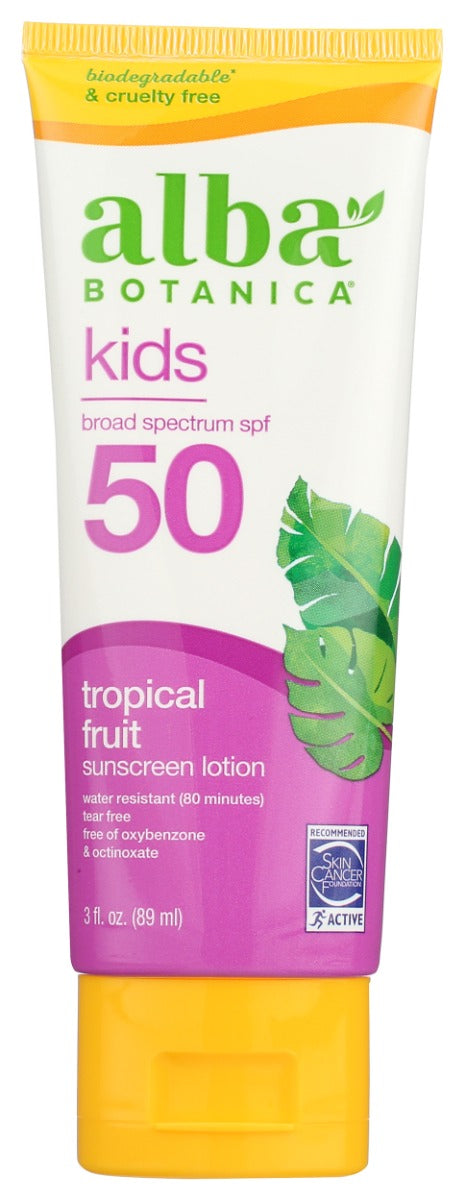 ALBA BOTANICA: Kids Tropical Sunscreen Fruit Sunscreen Lotion SPF 50, 3 oz