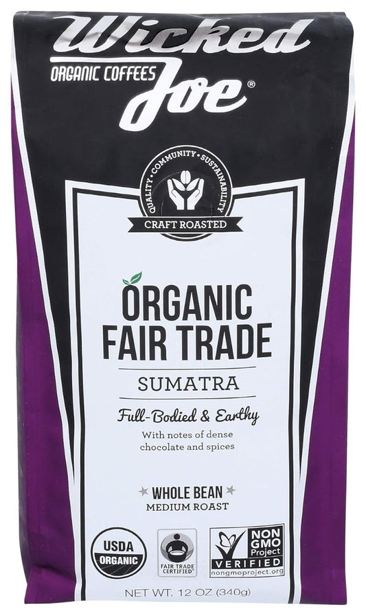 WICKED JOE COFFEE: Organic Fair Trade Sumatra Whole Bean Coffee Medium Roast, 12 oz